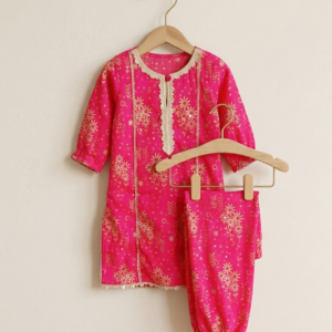 Rose Pink Floral Embroidered Kurti & Trouser 2-Piece Set