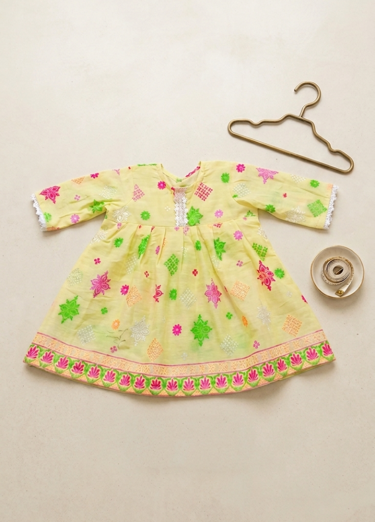 Girls' Traditional Lime Yellow Printed 2-Piece Suit – Long Sleeve Frock & Pajama