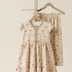 Vintage Floral Two-Piece Tunic & Trouser Set – Soft Sage & Rose