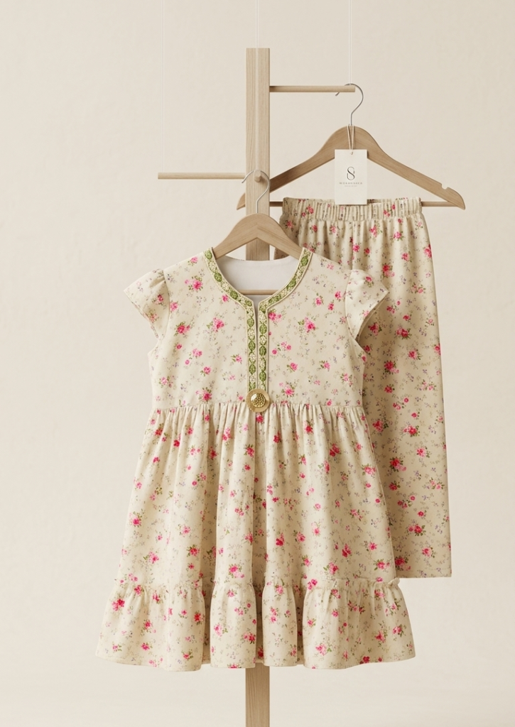Vintage Floral Two-Piece Tunic & Trouser Set – Soft Sage & Rose