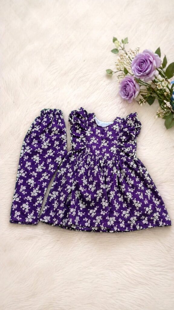 Girls' Purple Floral Ruffle Tunic & Trouser 2-Piece Boutique Ensemble